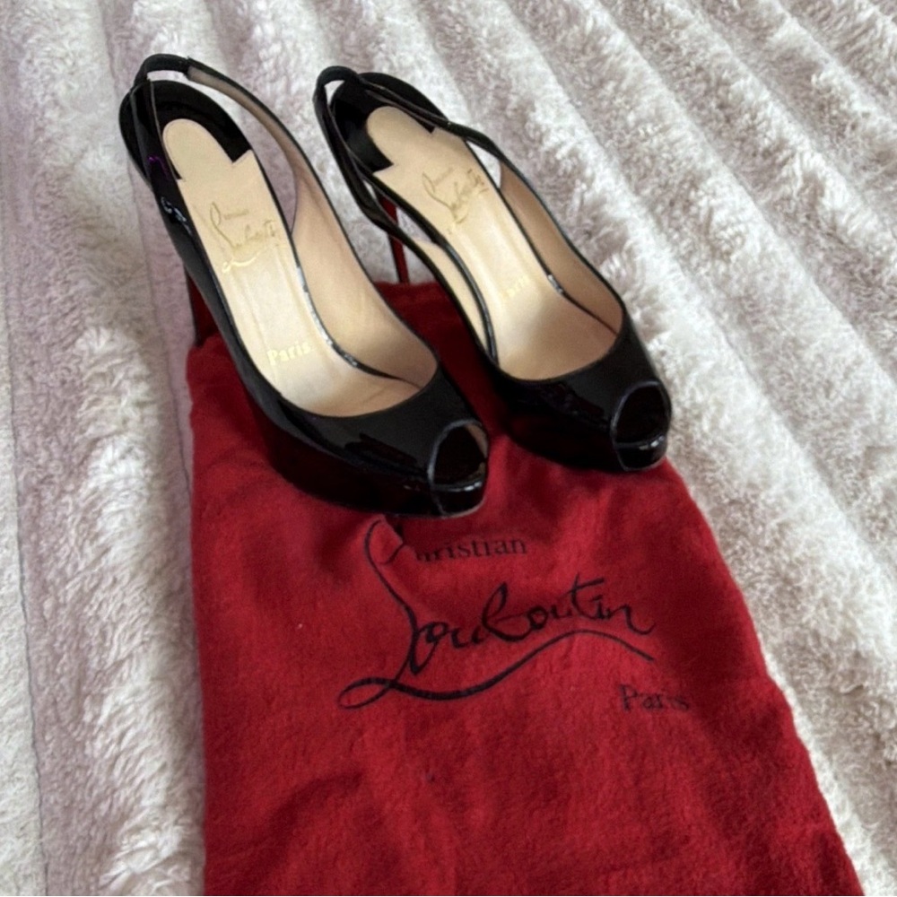 Christian Louboutin Black Patent Peep-Toe Slingback Heels